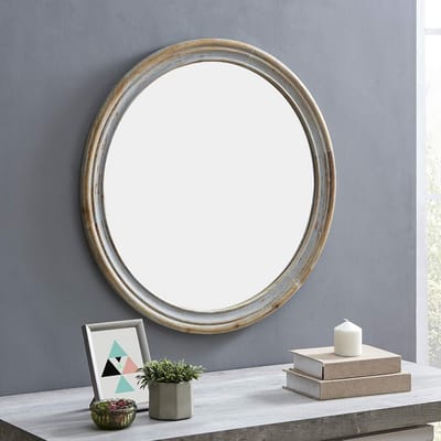 Ronde Wandspiegel met Rustieke Houten Frame in Verweerd Grijs Afwerking