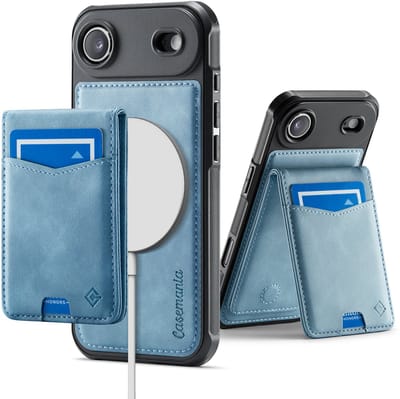 Casemania Hoesje Geschikt voor Apple iPhone 17 Air - Aqua Blue - Geschikt voor MagSafe - Back Cover met Afneembare Magnetische Pasjeshouder met Standaard - Telefoonhoesje en Kaarthouder
