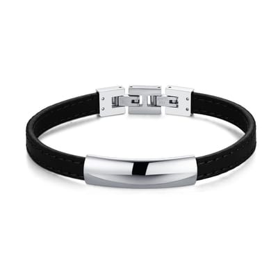 Twice As Nice Armband in edelstaal, zwart leren band Zilverkleurig 21cm