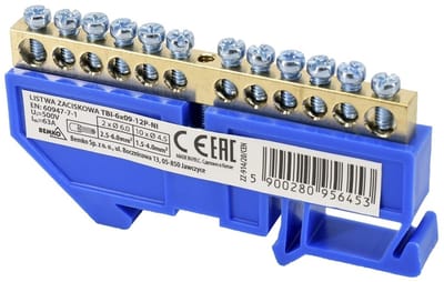 Schelinger DIN-rail Klemblok 12-polig - 63A - 500V - Blauwe Verdeelstrip - 35mm DIN-rail - 1 Module