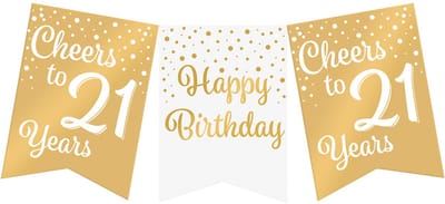 Vlaggenlijn | Set á 6 stuks | Feestvlaggen banner goud wit | met tekst 21 jaar | 6 meter | 10 vlaggen | hoogte 20 cm