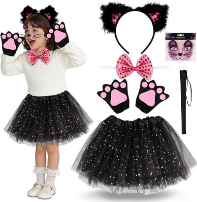 Kindercostuum voor Carnaval en Halloween - Dierenoutfit voor meisjes, Kattenkostuum, Cosplay Set voor Feestjes