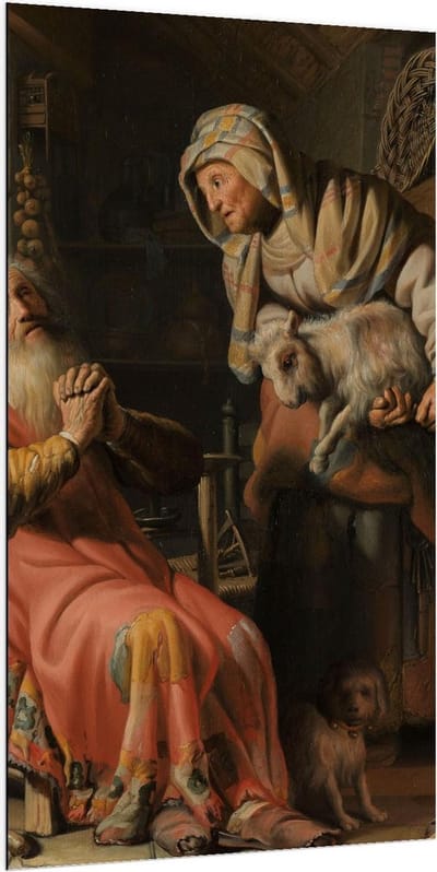 Dibond - Oude meesters - Tobit en Anna met het bokje, Rembrandt van Rijn, 1626 - 100x200cm Foto op Aluminium (Wanddecoratie van metaal)