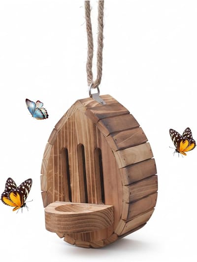Insectenhotel-vlinderhuis-insectenhotel bouwpakket-vlinderhuis voor buiten - Druppelvormig houten vlinderhuisje met voederbakje en koord voor tuindecoratie - 16x19,5x13,2 cm