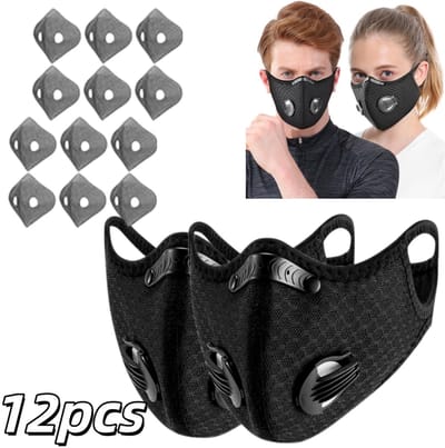2+12 Stuks Fietsfiltermasker (2 maskers + 12 filters) - Inclusief actief koolstoffilter - Sportgezichtsmasker - Stofmasker - 33,5*10*15 cm - Geschikt voor fietsen, motorrijden en buitenactiviteiten - Zwart