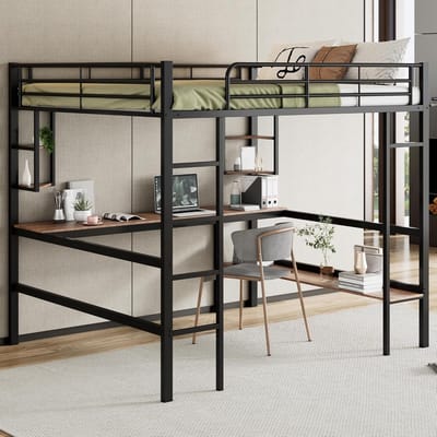 Hoogslaper met bureau en opbergruimte Metaal 140x200 Zwart ruimtebesparend