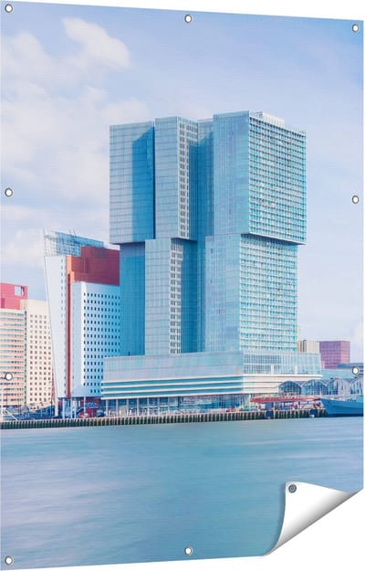 Gards Tuinposter Rotterdamse Skyline aan het Water - 90x120 cm - Tuindoek - Tuindecoratie - Wanddecoratie buiten - Tuinschilderij