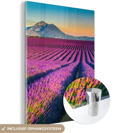 MuchoWow® Glasschilderij 30x40 cm - Schilderij acrylglas - Lavendel - Berg - Bloemen - Foto op glas - Schilderijen