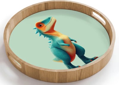 Dienblad rond 40x40 cm - Schootdienblad hout - Cartoon - Dino - Oranje - Stekels - Borrelplank rechthoek - Plateau houten dienbladen