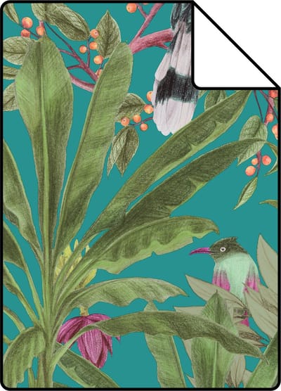 Proefstaal ESTAhome behang tropische jungle bladeren en paradijsvogels petrolblauw en jungle groen - 26.5 x 21 cm - 139233-S