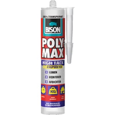 Bison Poly Max High Tack Express transparant koker 300 gram, montagelijm, lijmen, monteren en afdichten, unieke SMP technologie, oplosmiddelvrij, binnen en buiten, vrijwel alle ondergronden
