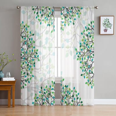 Abstracte Natuur Groen Blad Transparante Gordijnen voor Woonkamer Transparant Tule Raamgordijn Slaapkamer Keuken Decor Sluier Drapes 135W x 114H(cm) white