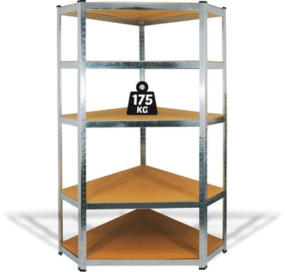 Hoekstelling Van Metaal – Stellingkast – 5 Legborden – Max. 175 kg Per Legbord – 180 × 90 × 30 cm – Ruimtebesparend Hoekmodel – Stevige Constructie – Voor Garage, Werkplaats Of Opslagruimte [10846]