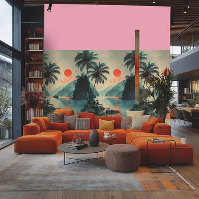 Fotobehang Profhome 790165-GU vliesbehang hardvinyl warmdruk in reliëf licht gestructureerd met natuur patroon mat groen beige oranje blauw 1,59 m x 2,8 m