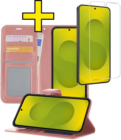 Hoesje - Met Screenprotector - Geschikt voor Samsung Galaxy S25 Edge - Luxe Pasjeshouder - Bookcase Portemonee - Flip Case - Kunstleer Book Case - Flipcase - Book Cover - Walletcase - Portemonneehoes - Telefoonhoesjes - Rosé goud