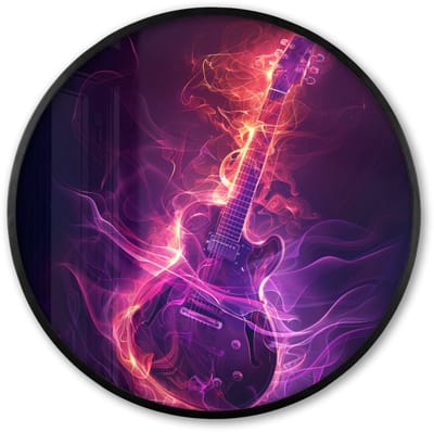 Poster in lijst Rond - Fotolijst 60x60 cm - Posters - Gitaar - Muziek - Rook - Paars - Ronde posterlijst zwart - Decoratie - Wanddecoratie woonkamer - Muurdecoratie slaapkamer