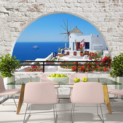 98cm X 70cm - Zelfklevend fotobehang -  Zomer in Santorini  , Premium Print