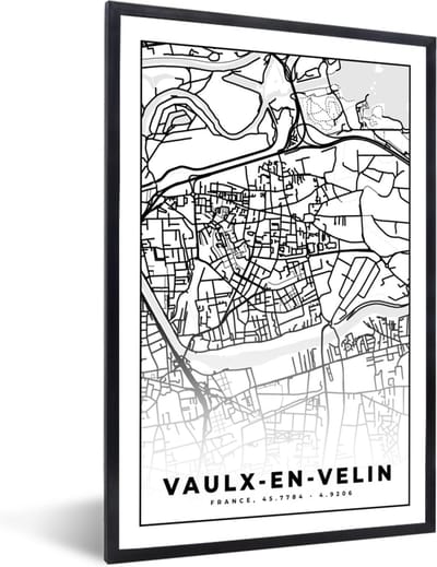 Fotolijst incl. Poster Zwart Wit- Kaart - Stadskaart - Frankrijk - Vaulx-en-Velin - Plattegrond - Zwart wit - 40x60 cm - Posterlijst