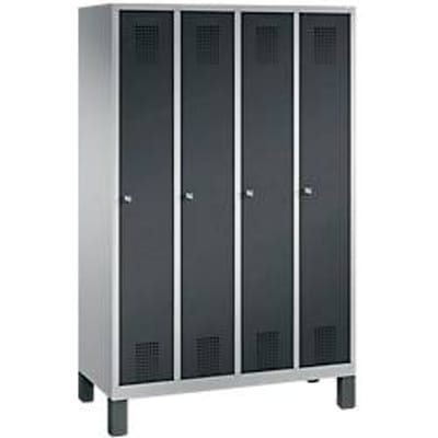 Kapstok Evolo S 3000, staal, met poten, 4 compartimenten met allebei B 300 mm, cilinderslot, blank aluminium RAL 9006/antraciet RAL 7016