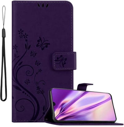 Cadorabo Hoesje geschikt voor Samsung Galaxy A70 / A70s in BLOEMEN DONKER PAARS - Beschermhoes in bloemmotief met magnetische sluiting, standfunctie en kaartsleuven Book Case Cover Etui