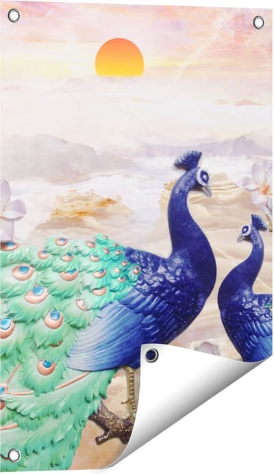 Gards Tuinposter Twee Pauwen bij Elkaar met Bloemen - Liefde - 40x60 cm - Tuindoek - Tuindecoratie - Wanddecoratie buiten - Tuinschilderij