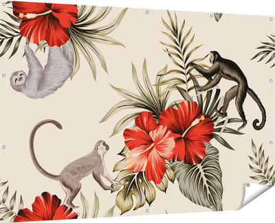 Gards Tuinposter Tropische Bloemen met Apen Achtergrond - 180x120 cm - Tuindoek - Tuindecoratie - Wanddecoratie buiten - Tuinschilderij