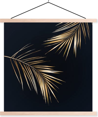 Posterhanger incl. Poster 60x60 cm - Schoolplaat - Bladeren - Planten - Goud - Zwart - Luxe - Textielposter - Blanke latten