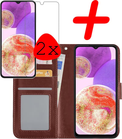 Hoesje Met 2x Screenprotector - Geschikt voor Samsung Galaxy A23 - Luxe Pasjeshouder - Bookcase Portemonee - Flip Case - Kunstleer Book Case - Flipcase Hoes - Book Cover - Walletcase - Portemonneehoes - Bruin