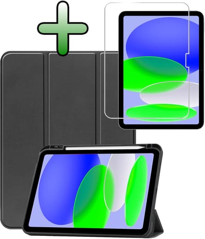 Hoesje Geschikt voor Apple iPad A16/A18 (2025/2026) - 11 inch (11e & 12e generatie) - Met Screenprotector - Trifold Bookcase - Hard Cover Case - Met Uitsparing Geschikt voor Apple Pencil - Hardcover Book - Tablet Hoes - Zwart