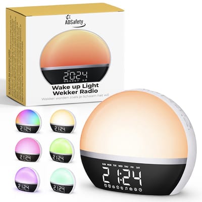 ADSafety Wake Up Light - Wekkerradio - Digitale Wekker - Dimbare Lichtwekker - 20 Helderheid niveaus - 25 White Noise geluiden - Snooze - Nachtlampje