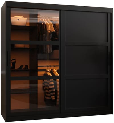 Zweefdeurkast Kledingkast met 2 schuifdeuren glanzen Garderobekast slaapkamerkast Kledingstang met planken | elegante kledingkast - DEMO 3 (180 cm, Zwart)
