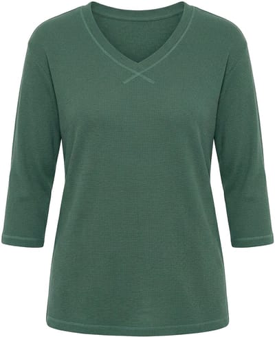 Ulla Popken - Dames - Sweatshirt piqué V-hals 3/4 mouwen biologisch katoen - Kaki - Maat 46+