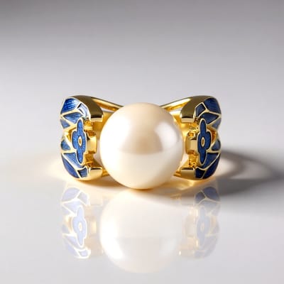 Cavill - Zilveren Damesring 925 Sterling Zilver Goud Verguld - 10mm Witte Zoetwaterparel - Blauwe Bloem Details - Elegante Sieraden