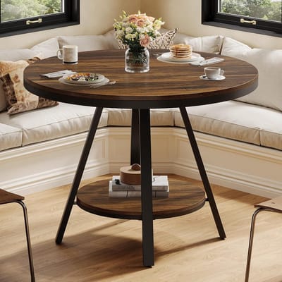 Tribesigns Ronde Eettafel - 90x90x75 cm - Eettafel met 2 Niveaus en Stabiele Metalen voet - Bruin - Keukentafe voor Eetkamer, Keuken, Woonkamer