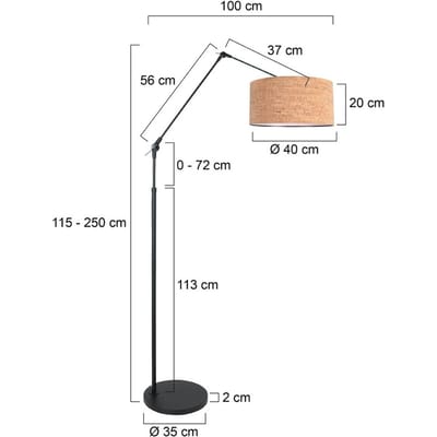 Vloerlamp 7395ZW + K1068FS van Metaal en Kurk, Zwart, Eigentijds Design, Kantelbaar en Hoogte Verstelbaar uit de Prestige Chic Familie