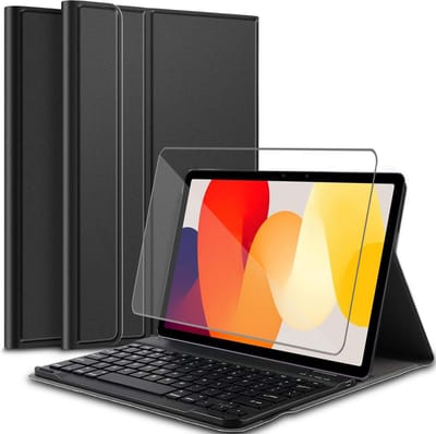 Hoes met toetsenbord geschikt voor Xiaomi Redmi Pad SE - Screen Protector GlassGuard - Keyboard Book Case Cover Hoesje Zwart & Screenprotector