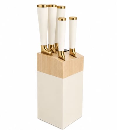 BSS® Messenset met Blok – 6 Delige Keukenmessenset Wit Goud – RVS Scherpe Messen met Houten Messenblok – Koksmes, Broodmes & Schilmes