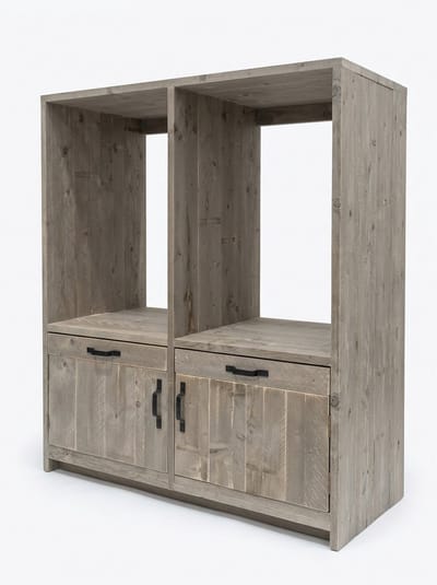 Wasmachinekast Cleveland met uitschuifbare plateaus – Voor wasmachine en droger – 135 x 65 x 150 cm – Steigerhout
