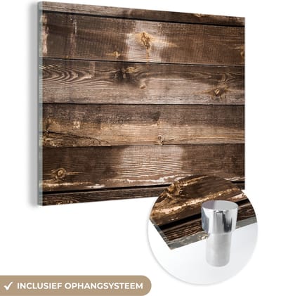 MuchoWow® Glasschilderij 120x90 cm - Schilderij acrylglas - Planken - Hout - Donker - Foto op glas - Schilderijen
