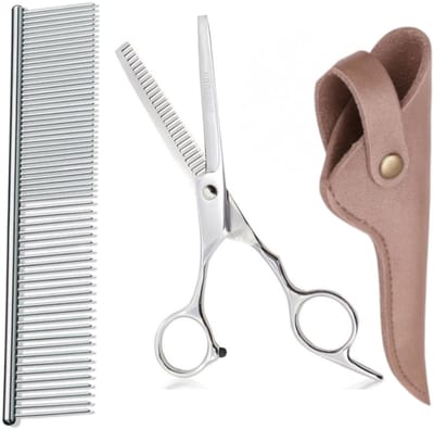 Professor Q Effileerschaar – Professionele Uitdunschaar voor Hondenvacht – RVS – Rechtshandig – 6 inch met Luxe Lederen Etui – 16,5 cm – Brons + Anti-Klit Kam – Pijnloos & Huisdiervriendelijk