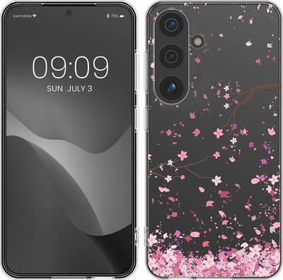 kwmobile telefoonhoesje geschikt voor Samsung Galaxy S24 - Hoesje voor smartphone in poederroze / donkerbruin / transparant - Kersenbloesembladeren design