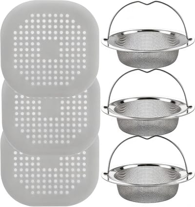 Set van 3 afvoerfilters en 3 douchepluggen van silicone en roestvrij staal voor het opvangen van haar in badkamer, badkuip en gootsteen