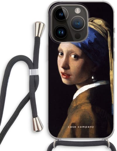Case Company® - Hoesje met koord geschikt voor iPhone 14 Pro hoesje met Koord - The Pearl Earring - Telefoonhoesje met Zwart Koord - Bescherming aan alle Kanten en Over de Schermrand