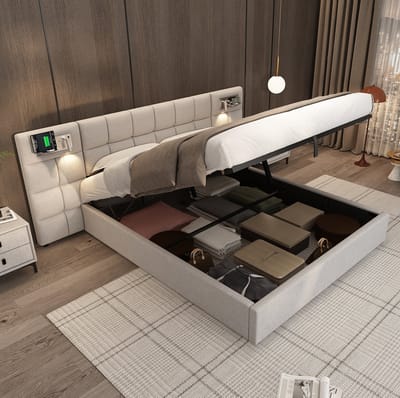 MEUNIQ gestoffeerd bed 180 x 200 cm met hydraulische opbergruimte, USB, draadloos opladen, verlichting en lattenbodem, tweepersoons bed grijs
