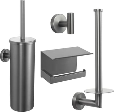 VDN Stainless Toiletaccessoireset Gun metal 4-delig - Toiletborstelhouder - Toiletrolhouder met plankje - Handdoekhaakje - Reserverolhouder