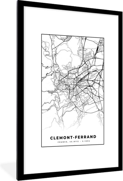 Fotolijst incl. Poster Zwart Wit- Clermont-Ferrand - Frankrijk - Kaart - Plattegrond - Stadskaart - Zwart wit - 80x120 cm - Posterlijst