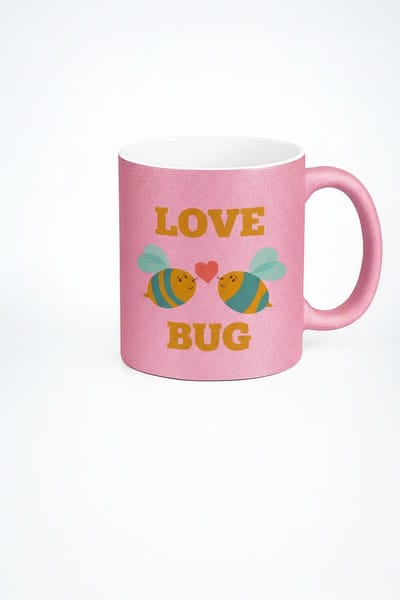 Roze Glitter Mok 'Love Bug' met Snoezige Bijen en Hart | Romantisch Valentijnscadeau