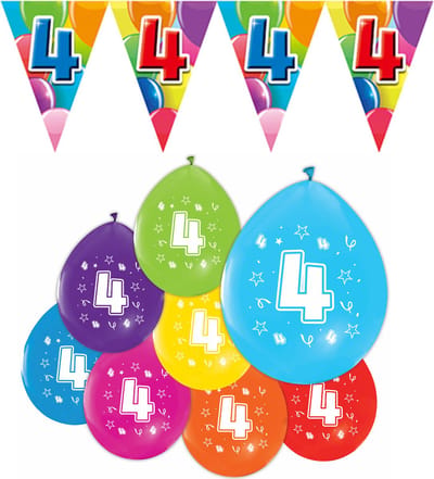 Feestpakket 4 jaar / 8 ballonnen en 1 vlaggenlijn 10 meter - Versiering Slinger Feestdecoratie Decoratie Verjaardag Jubileum Ballon Feest