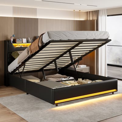 Opbergbed 160x200 cm zwart PU met LED-hoofdbord en voetbord, USB-oplaadpoort en gasveer opbergsysteem