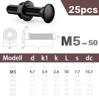 25 Stuks Slotschroeven M5 x 50 mm Roestvrij Staal A2 met Flensmoeren